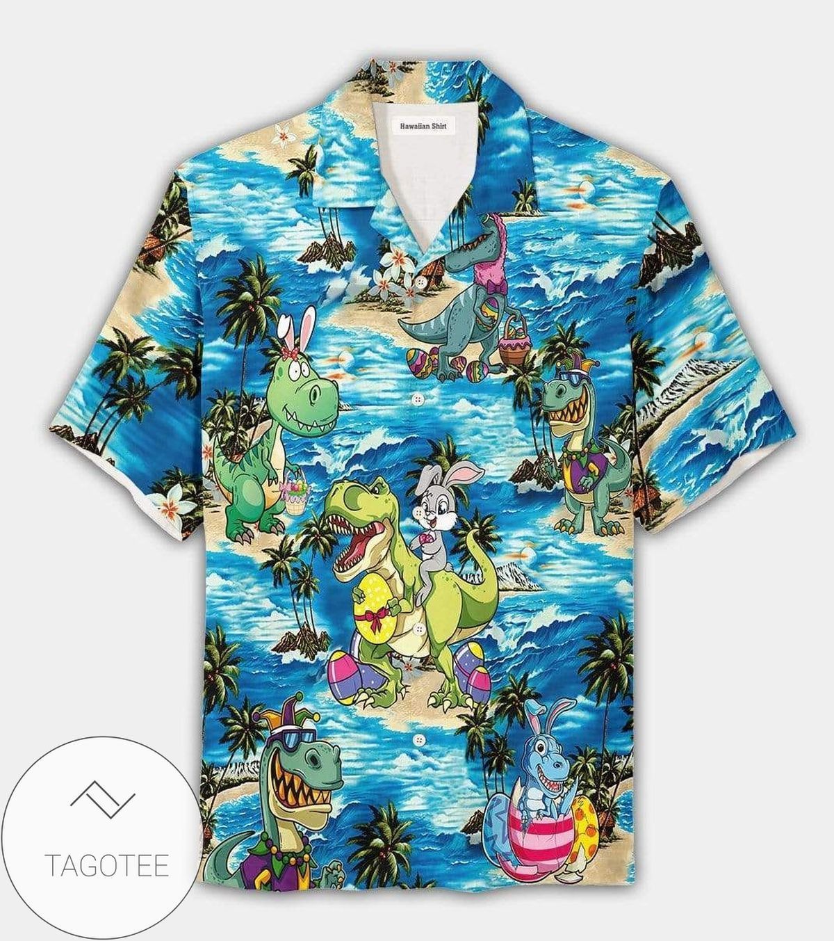 Happy Easter 2021 Funny Bunny Riding Dinosaur Unisex Hawaiian Shirts