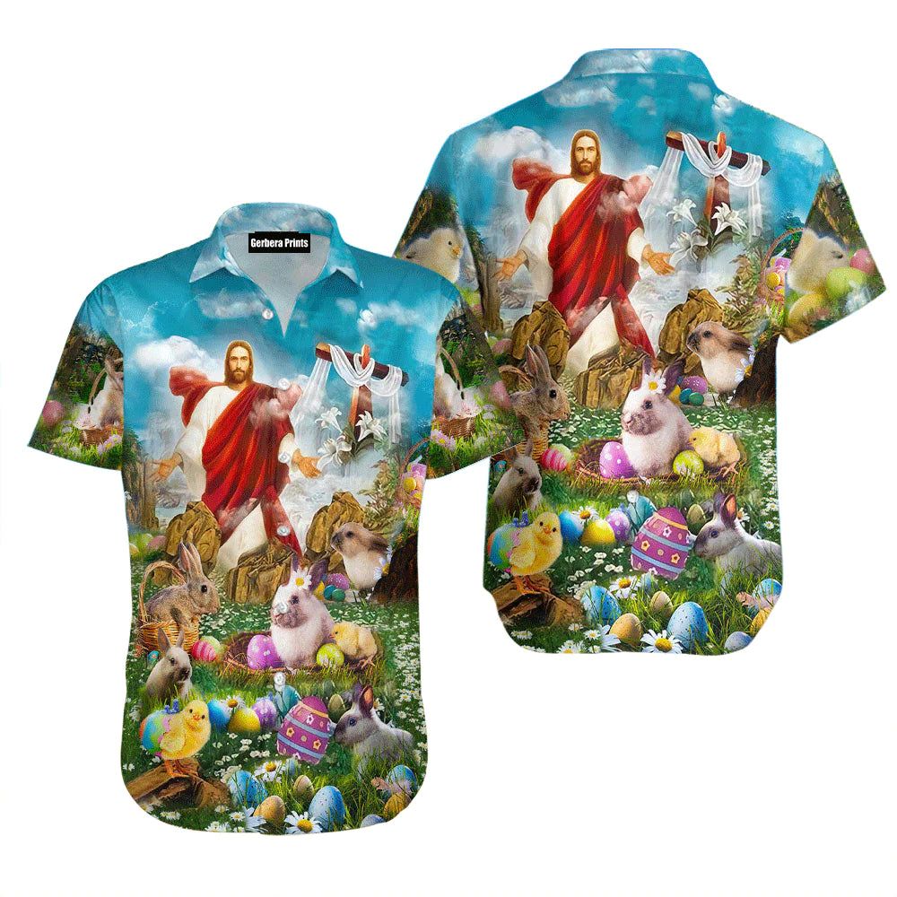 Happy Easter Jesus Is Risen Blue Aloha Hawaiian Shirts For Men And Women