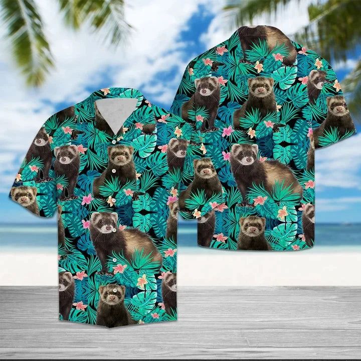 Happy Ferret Tropical Palm Leaves Summer Vacation Gift Hawaiian Shirt Happy Ferret Tropical Palm Leaves Summer Vacation Gift Hawaiian Shirt
