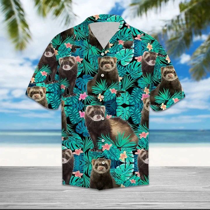 Happy Ferret Tropical Palm Leaves Summer Vacation Gift Hawaiian Shirt