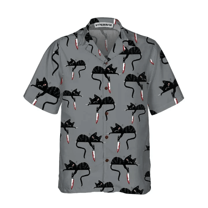 Happy Halloween Black Cat With Knife On Gray Background Hawaiian Shirt