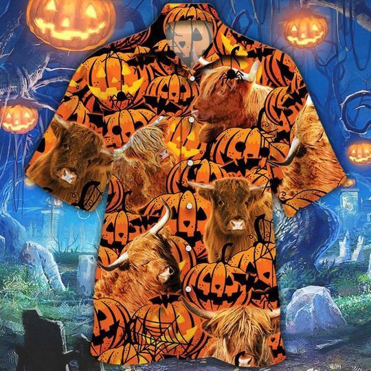 Happy Halloween Highland Pumpkin All Over Printed 3D Hawaiian Shirt