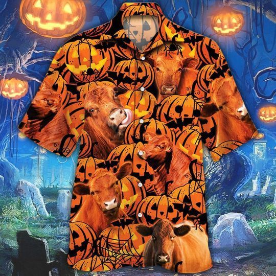 Happy Halloween Red Angus Pumpkin All Over Printed 3D Hawaiian Shirt