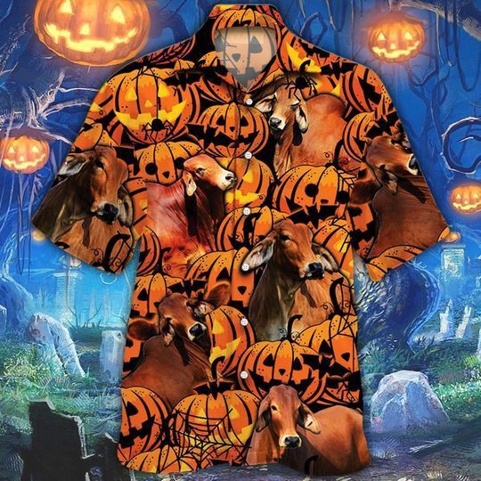 Happy Halloween Red Brahman Pumpkin All Over Printed 3D Hawaiian Shirt
