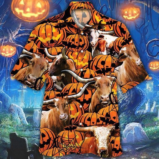 Happy Halloween Tx Longhorn Pumpkin All Over Printed 3D Hawaiian Shirt