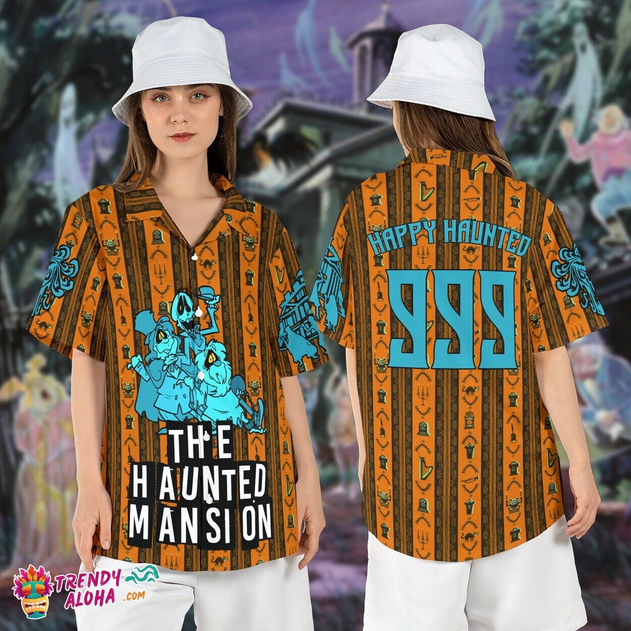 Happy Haunts Mansion Hitchhiking Ghosts Halloween Aloha Top