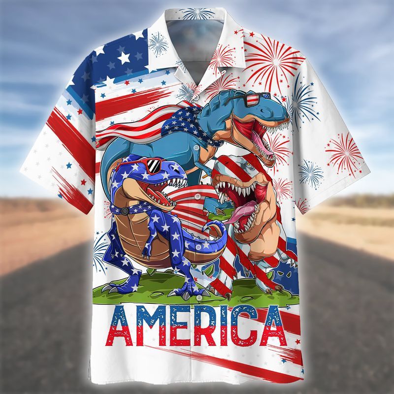 Happy Independence Day Dinosaur All Printed 3D Hawaiian Shirt