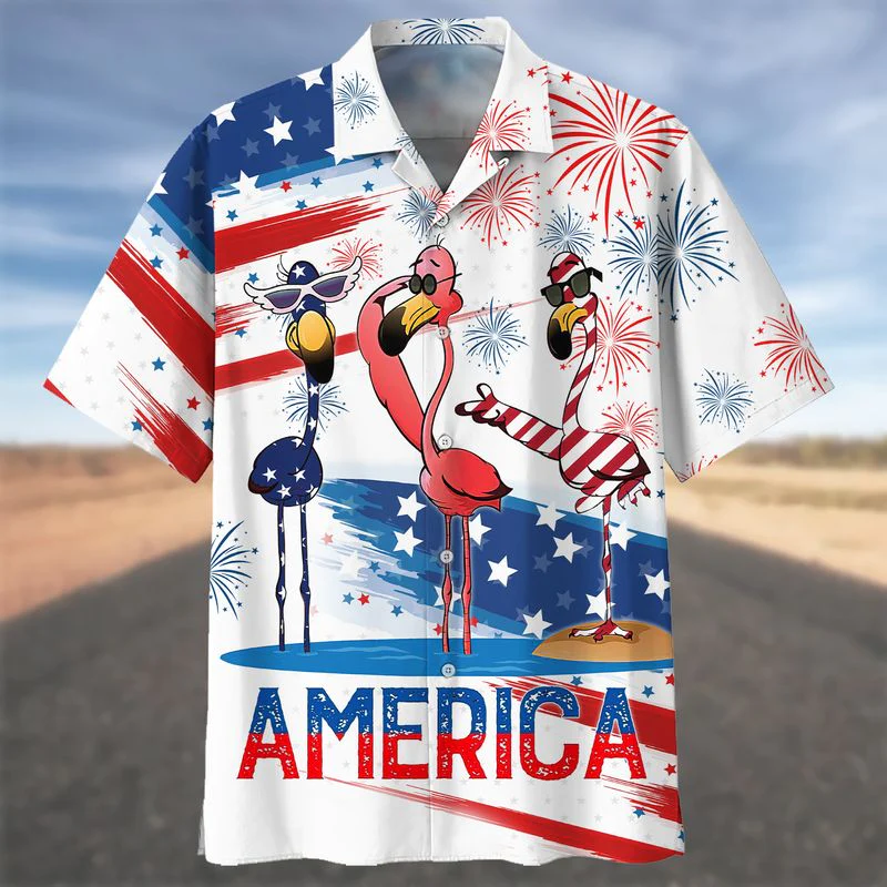 Happy Independence Day Flamingo All Printed 3D Hawaiian Shirt