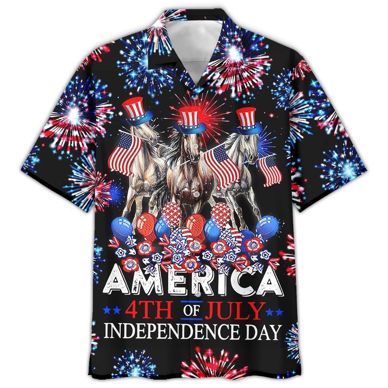 Happy Independence Day Horses 4Th Of July All Printed 3D Hawaiian Shirt