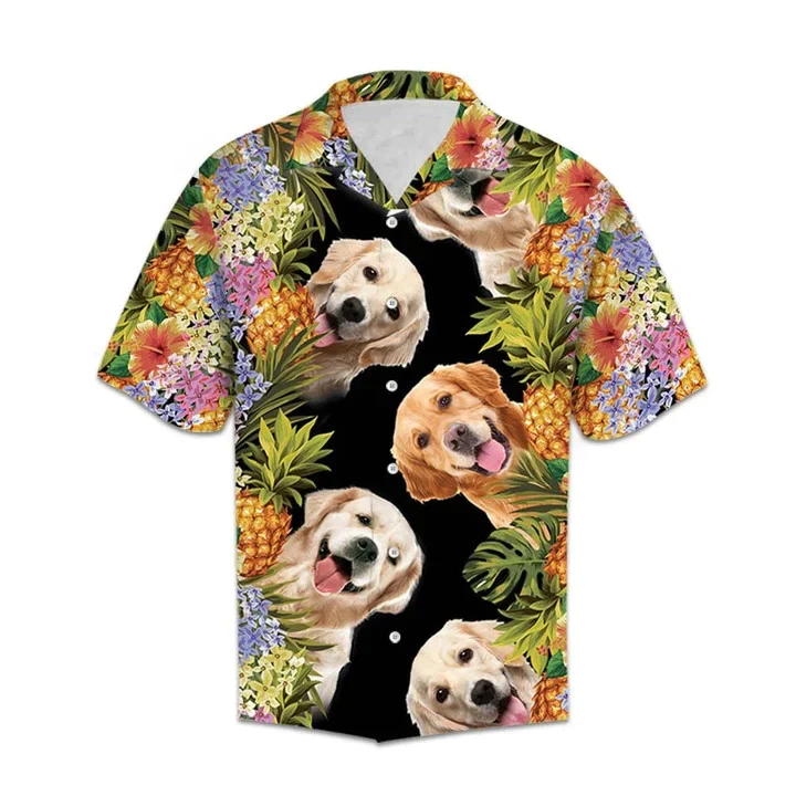 Happy Moment Aloha Golden Retriever Pineapple Leaves Trendy Hawaiian Shirt