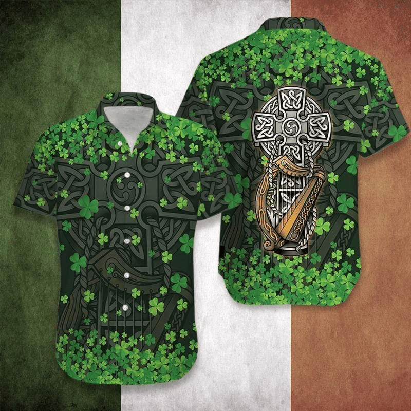 Happy Patricks Day The Celtic Cross Harp Irish Proud Grey Green Hawaiian Shirts
