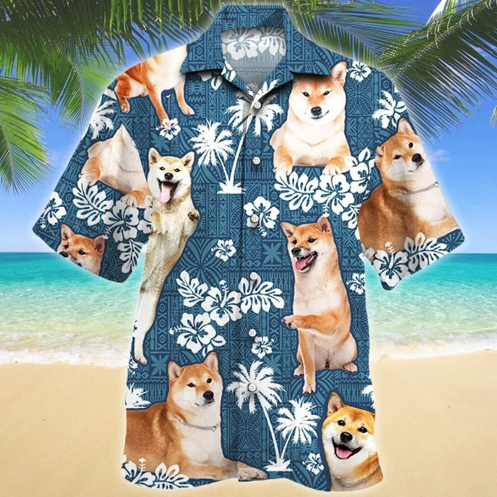 Happy Shiba Inu Dog Blue Tribal Pattern White Plant Trendy Hawaiian Shirt Happy Shiba Inu Dog Blue Tribal Pattern White Plant Trendy Hawaiian Shirt
