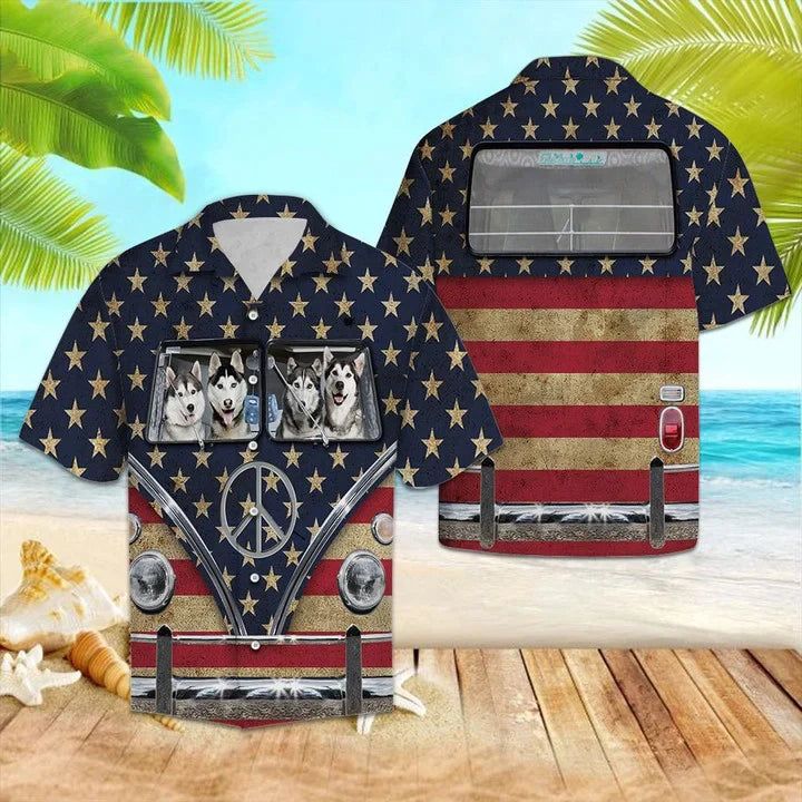 Happy Siberian Husky Family Riding Flag Hippie Bus Hawaiian Shirt