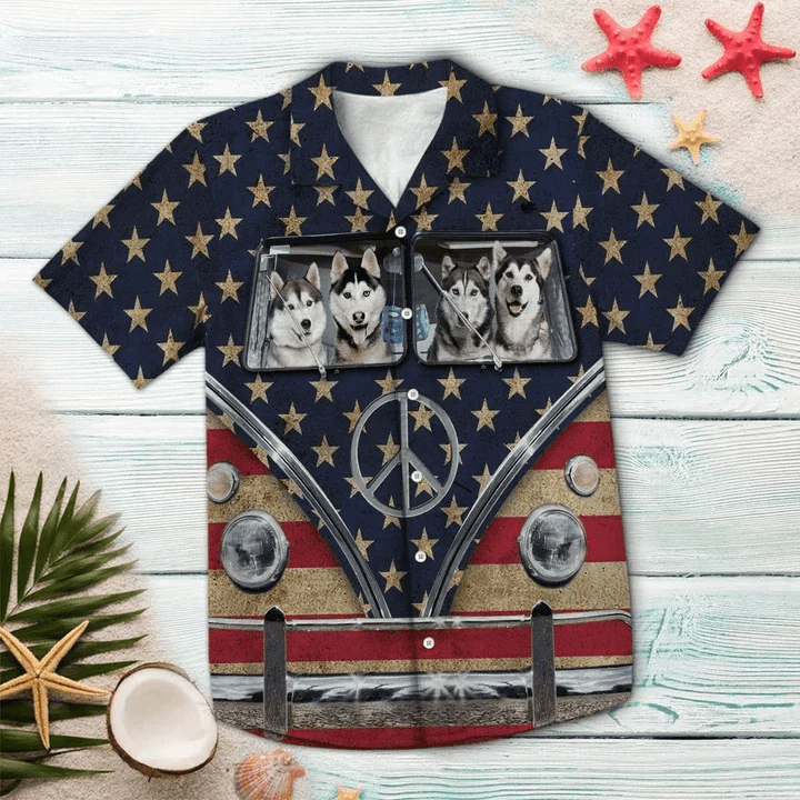 Happy Siberian Husky Family Riding Flag Hippie Bus Trendy Hawaiian Shirt Happy Siberian Husky Family Riding Flag Hippie Bus Trendy Hawaiian Shirt