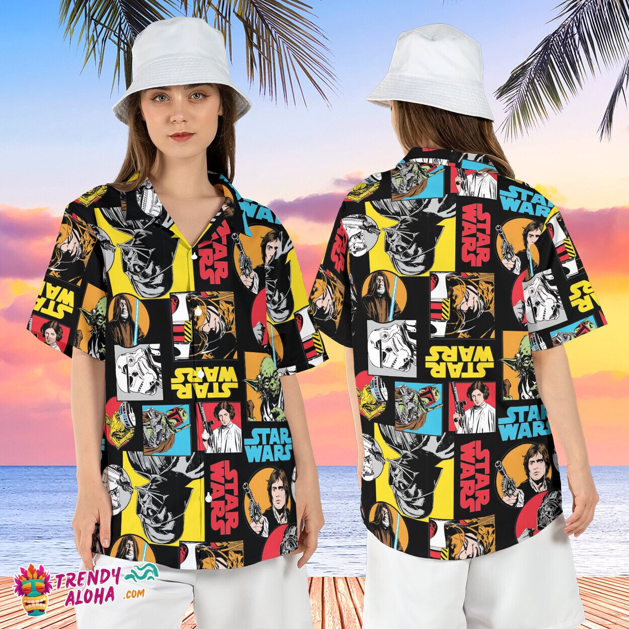 Happy Star Wars Day Mandalorian Baby Yoda Leia Vader Aloha Shirt