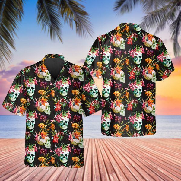 Happy Summer Grinning Skull 3D Printed Trendy Hawaiian Shirt, Skull Flower Hawaiian Aloha Shirt Happy Summer Grinning Skull 3D Printed Trendy Hawaiian Shirt, Skull Flower Hawaiian Aloha Shirt