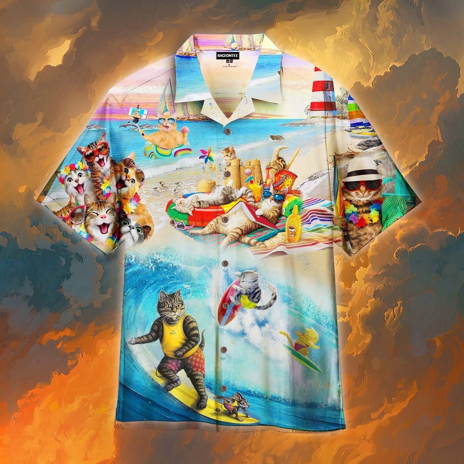 Happy Surfing Day With Cats Trendy Hawaiian Shirt