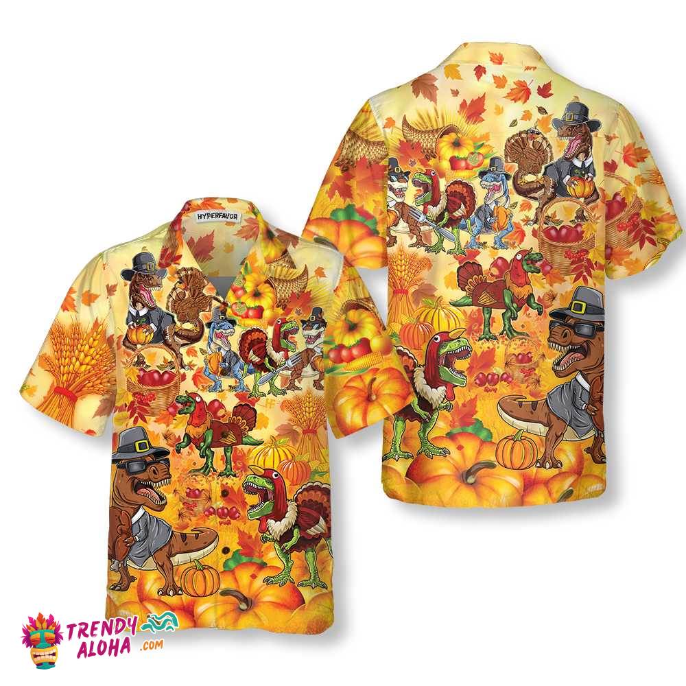 Happy Thanksgiving Dinosaurs T Rex Thanksgiving Hawaiian Shirt, Funny Dinosaur Hawaiian Shirt For Dinosaur Lover