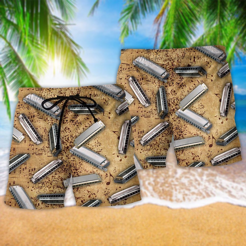 Harmonica Music Vintage Style Trendy Aloha Hawaiian Beach Shorts