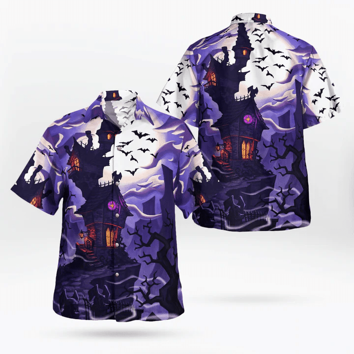 Haunted House under Full Moon Hawaiian Halloween Shirt