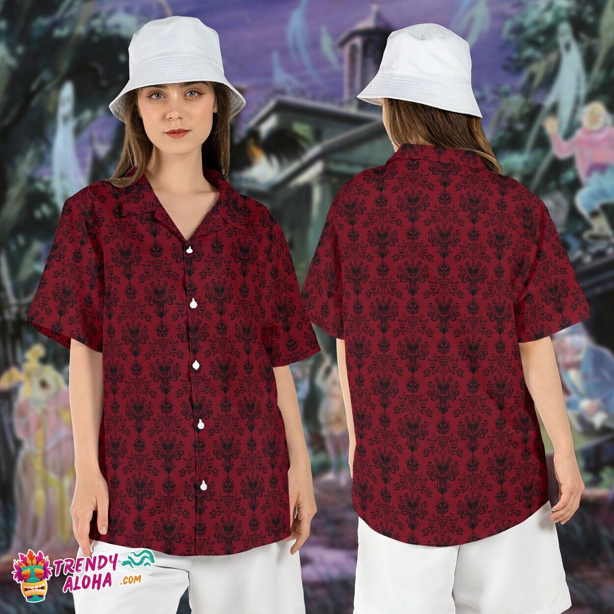 Haunted Mansion Foolish Mortals Ghosts Halloween Aloha Shirt Top