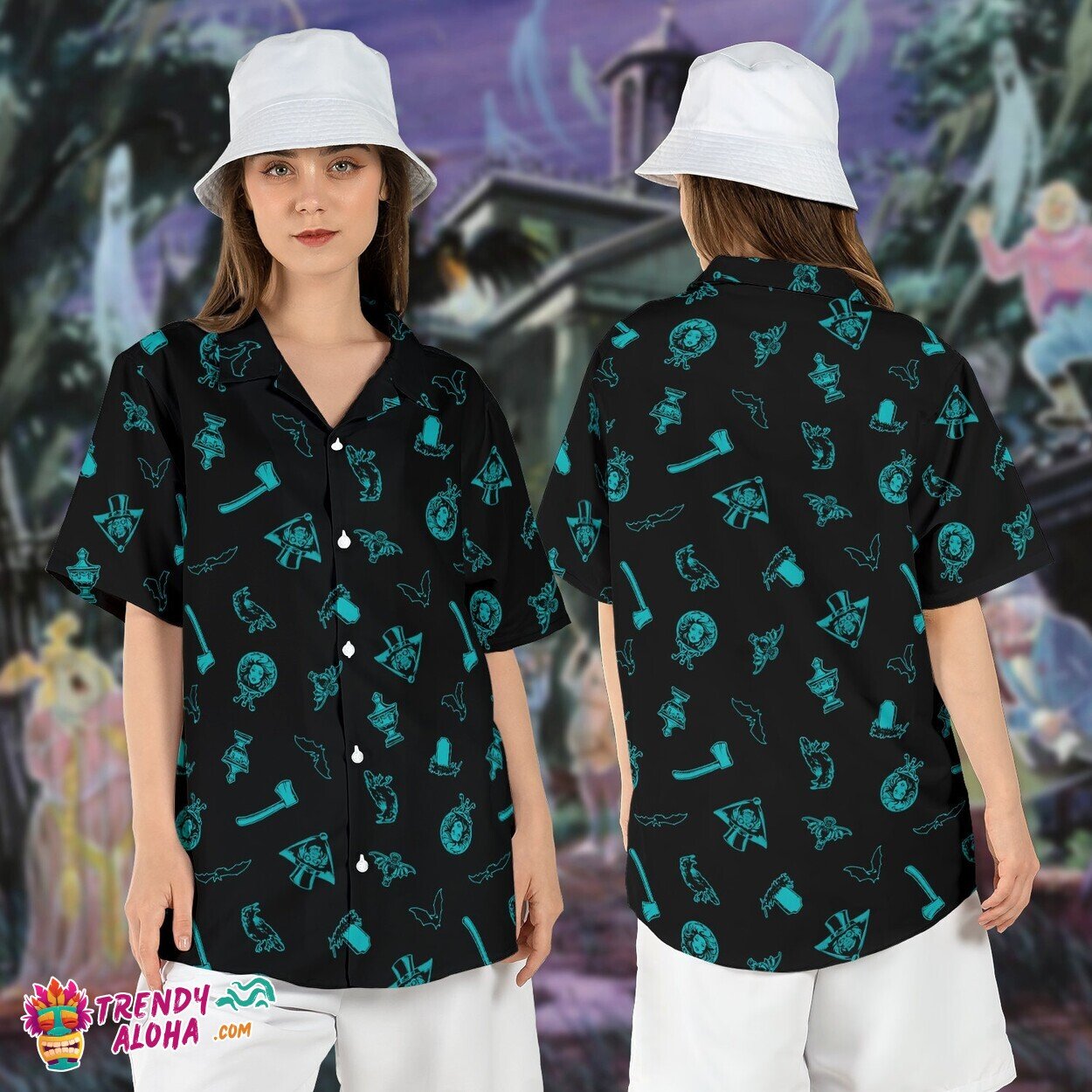 Haunted Mansion Madame Leota Hatbox Ghost Halloween Aloha Top