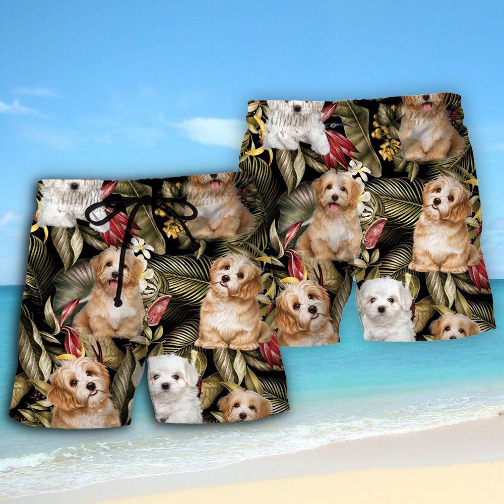 Havanese Dog Tropical Leaf Trendy Aloha Hawaiian Beach Shorts