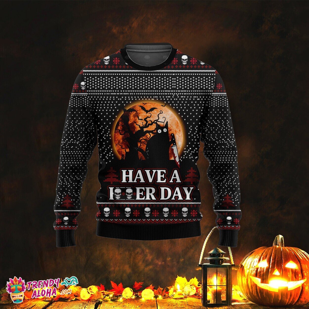 Have A Killer Day Black Cat Halloween Ugly Christmas Sweater