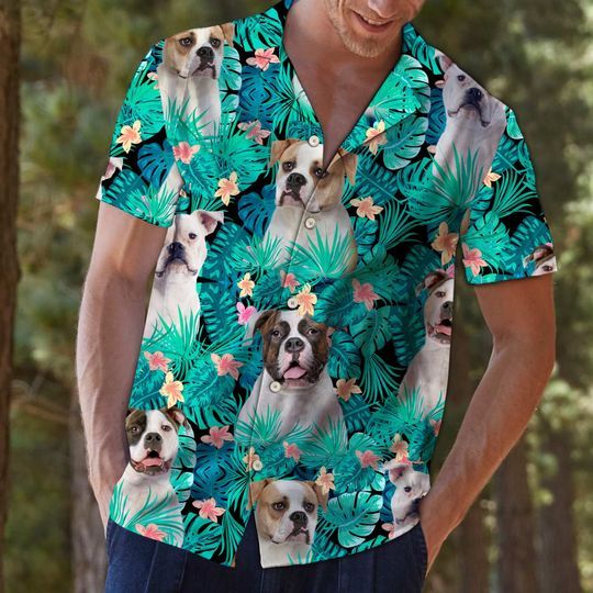 Hawaii Shirt ? American Bulldog Dog Tropical Hawaiian Shirt – Button Down Short Sleeve Shirts For Men Women