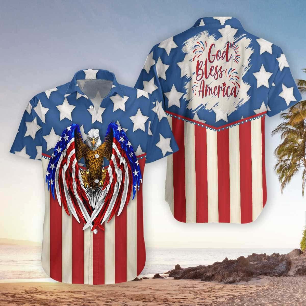 Hawaiian Aloha Shirts God Bless America 4Th Of July Eagle Trendy Hawaiian Shirt For Men