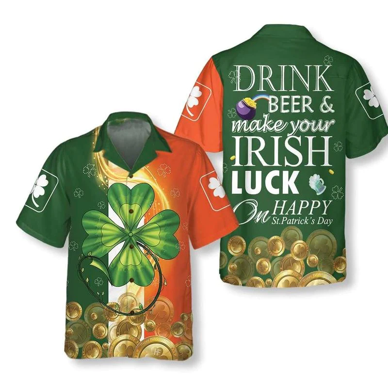 Hawaiian Aloha Shirts St Patrick’s Day Beer And Irish Luck, St Patrick’s Day Trendy Hawaiian Shirt