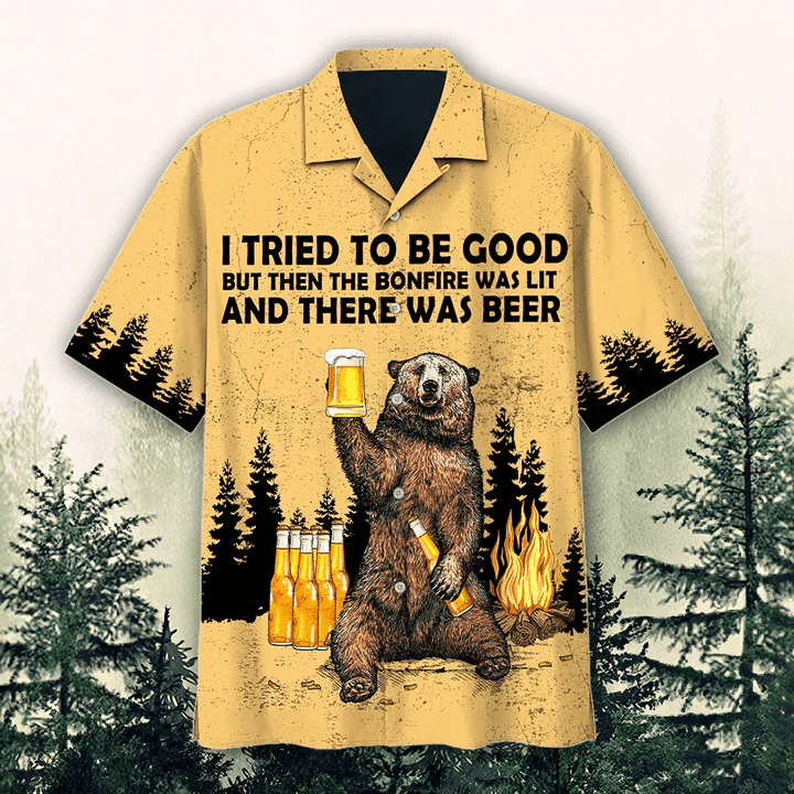 Hawaiian Bear Shirts, Bear Drink Beer T-Shirt Hawaii, There Was Beer Watercolor Design Trendy Hawaiian Shirt
