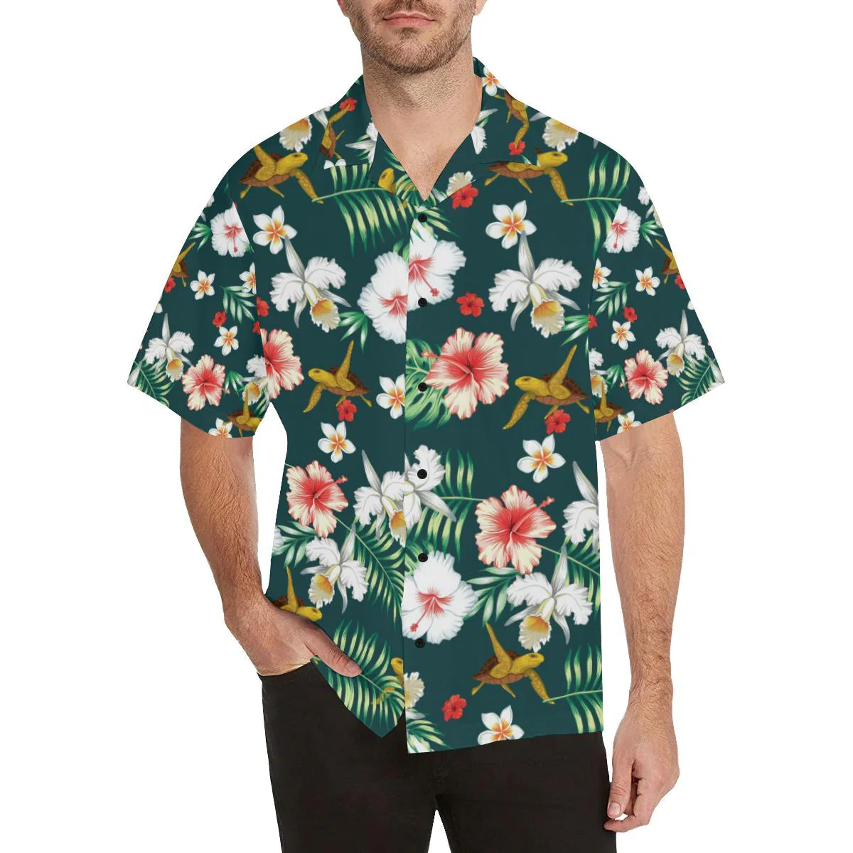 Hawaiian Flower Design With Seaturtle Print Trendy Hawaiian Shirt, Turtle Lover Trendy Hawaiian Shirt For Summer Gifts