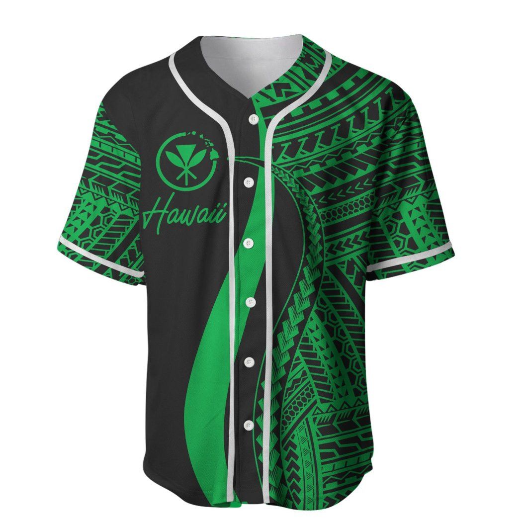 Hawaiian Kanaka Maoli Green Polynesian Tentacle Tribal Pattern Baseball Tee Jersey Shirts 3D