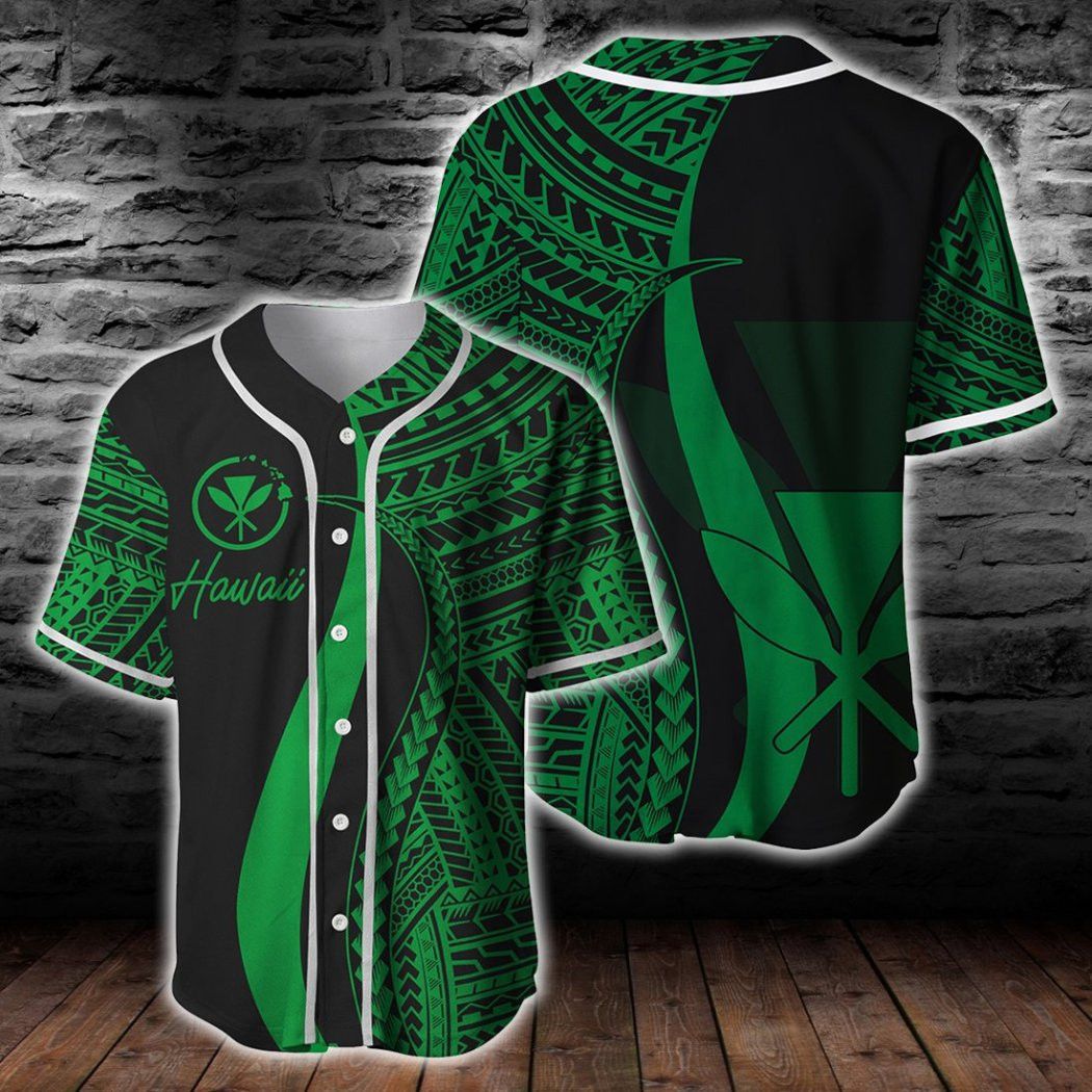 Hawaiian Kanaka Maoli Green Polynesian Tentacle Tribal Pattern Baseball Tee Jersey Shirts 3D