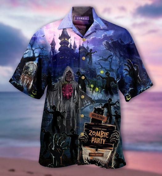 Hawaiian Party Shirt Showcasing Zombies for Halloween Celebrations
