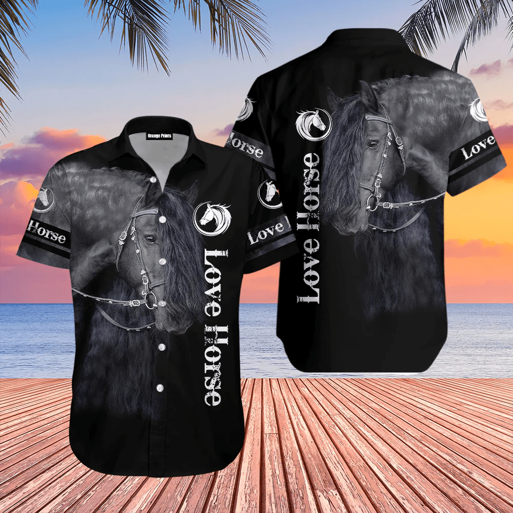 Hawaiian Shirt Featuring a Majestic Black Horse