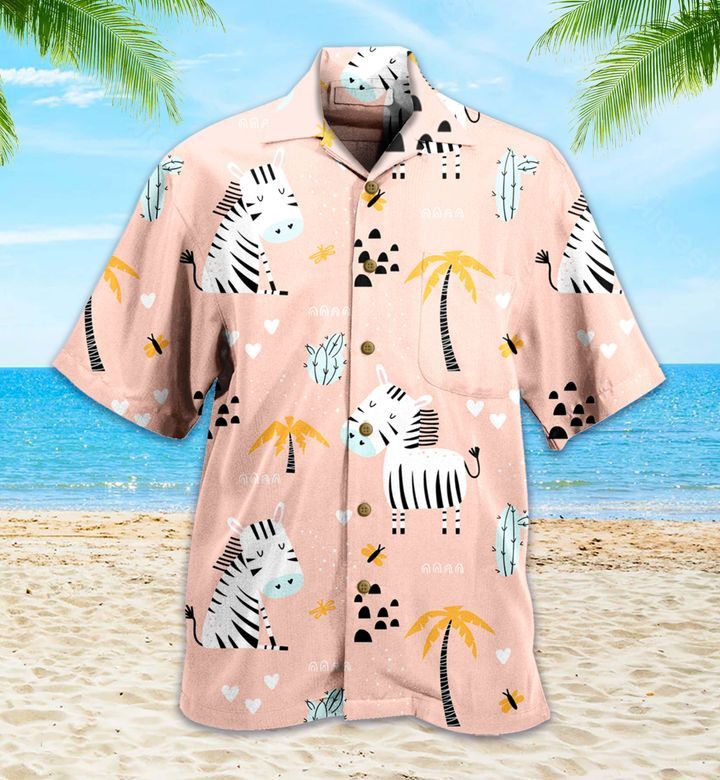 Hawaiian Shirt Featuring Cute Pink Palm Zebras