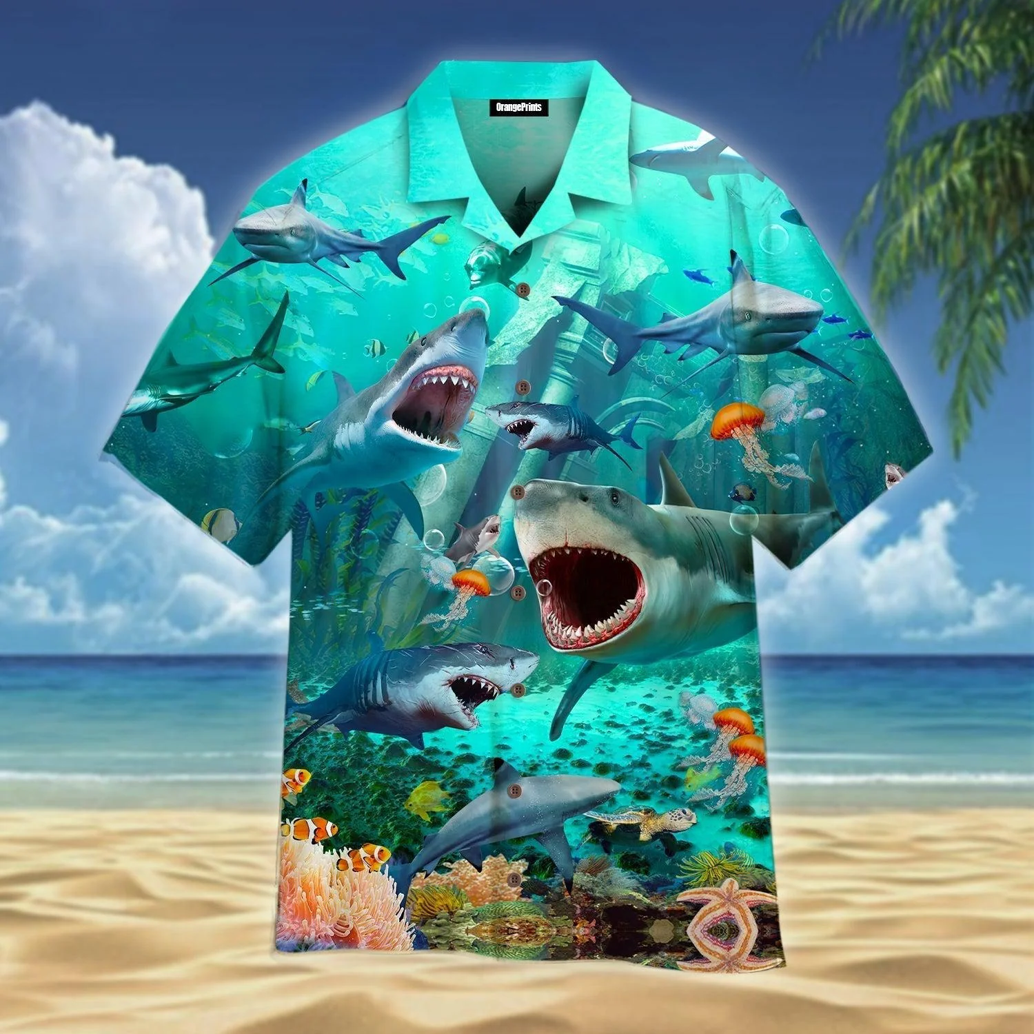 Hawaiian Shirt Featuring Undersea Shark Warfare