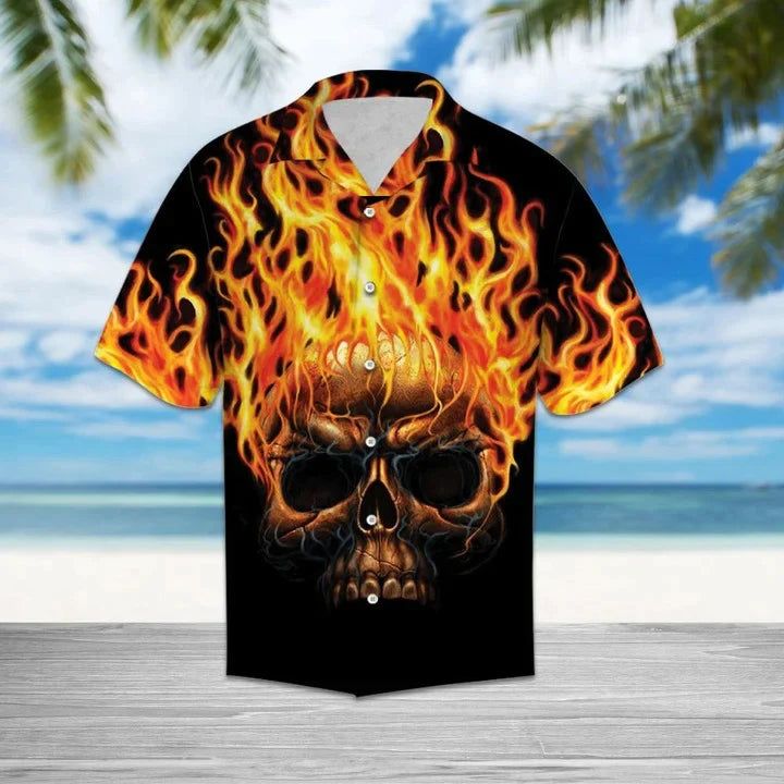 Hawaiian Shirt Flame Metal Skull Head In Black Hawaii Shirt For Men Hawaiian Shirt Flame Metal Skull Head In Black Hawaii Shirt For Men