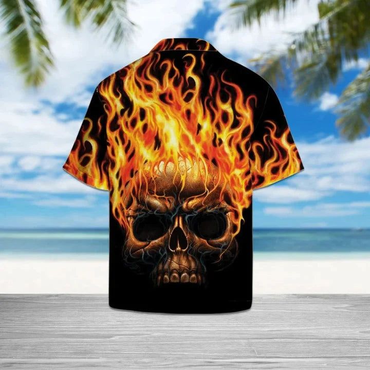 Hawaiian Shirt Flame Metal Skull Head In Black Hawaii Shirt For Men
