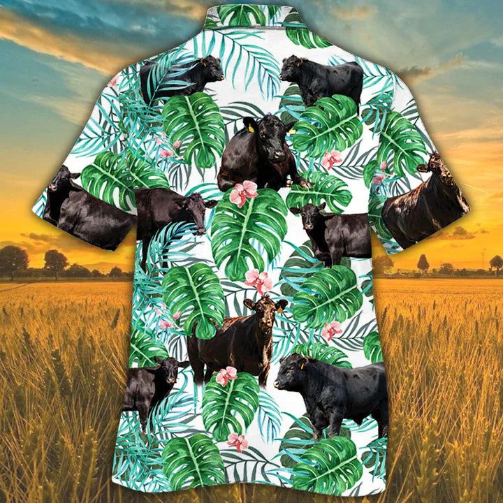 Hawaiian Shirt For Men, Black Angus Cattle Lovers Tropical Plant Hawaiian Shirt, Cow Summer Hawaiian Shirt