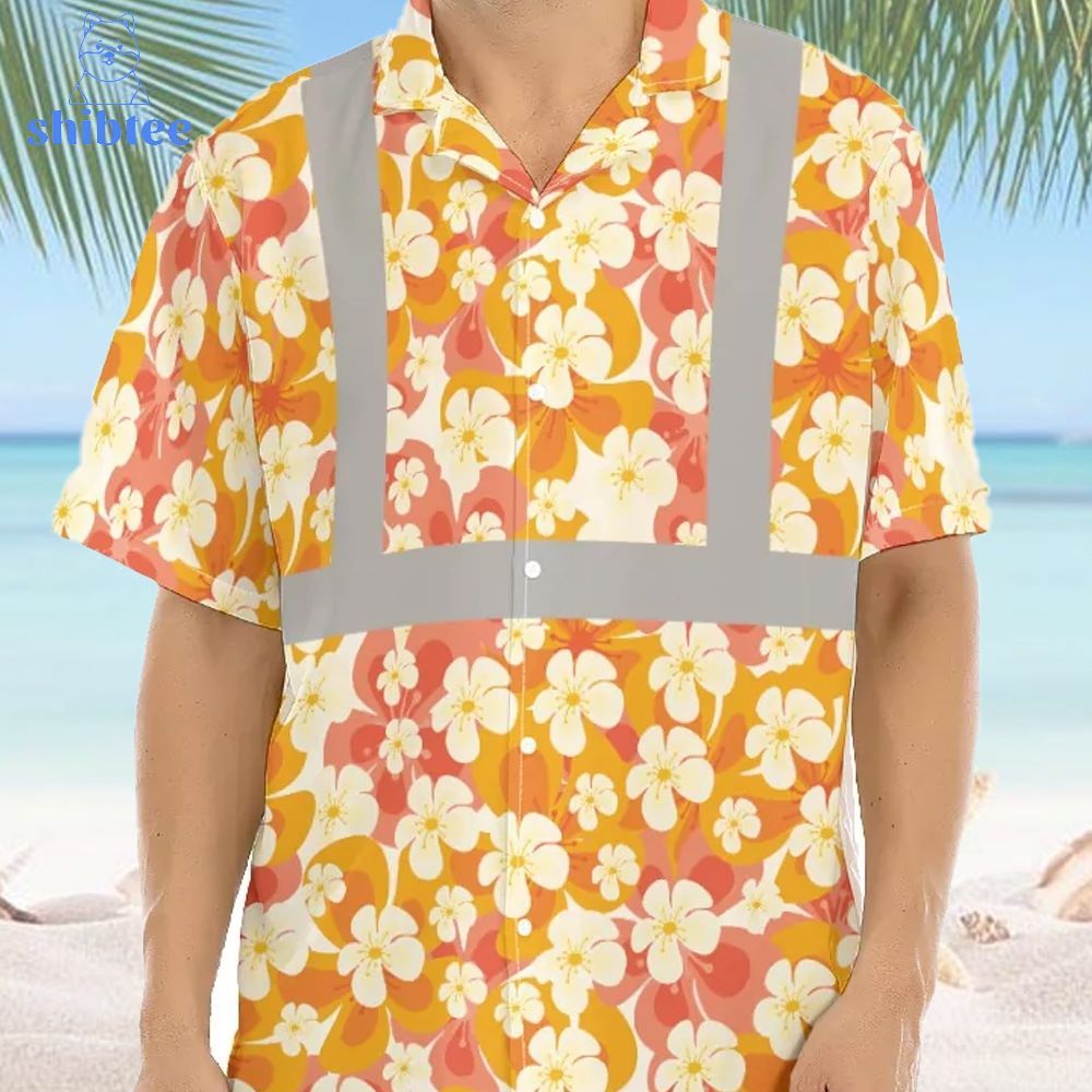Hawaiian Shirt in Vibrant Orange Hibiscus with High Visibility