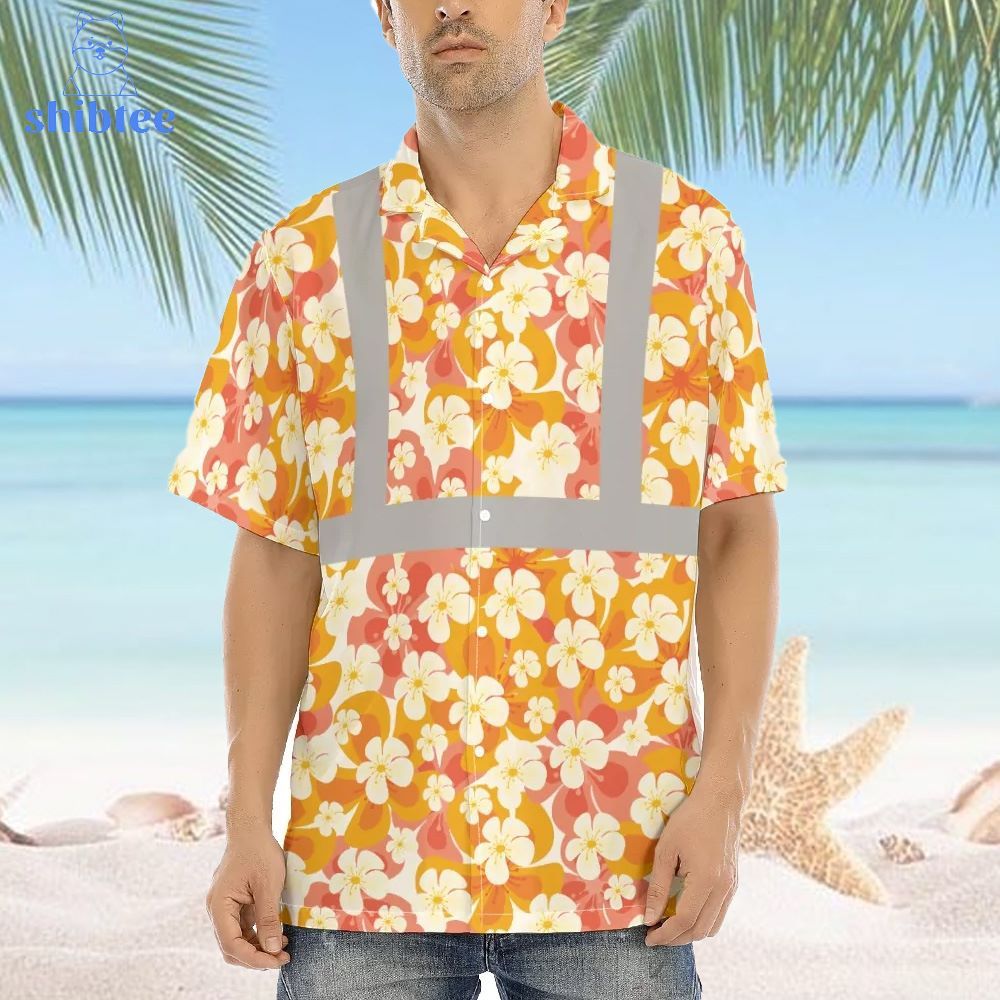 Hawaiian Shirt in Vibrant Orange Hibiscus with High Visibility Hawaiian Shirt in Vibrant Orange Hibiscus with High Visibility