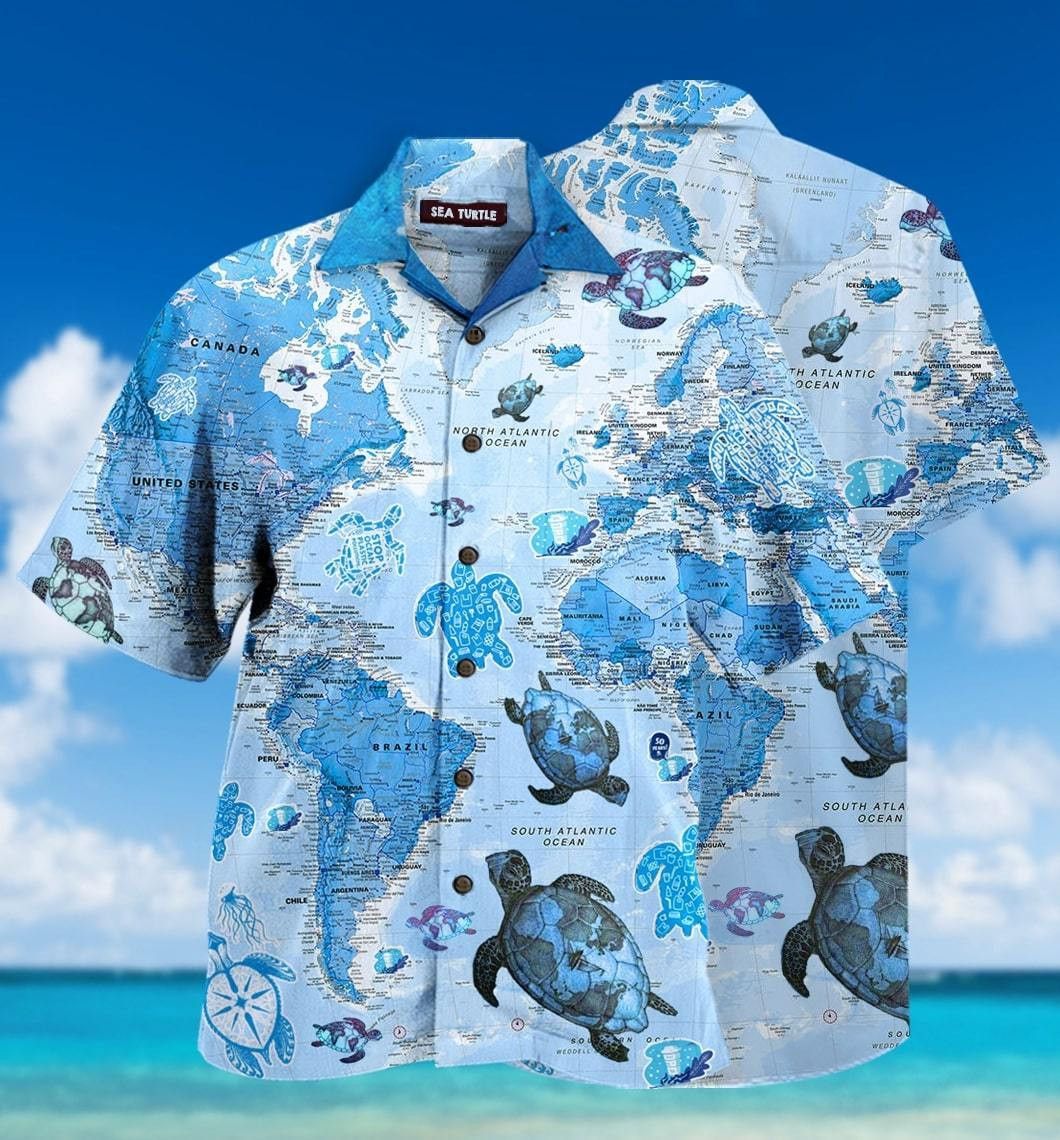 Hawaiian Shirt Maps Sea Turtles Across World
