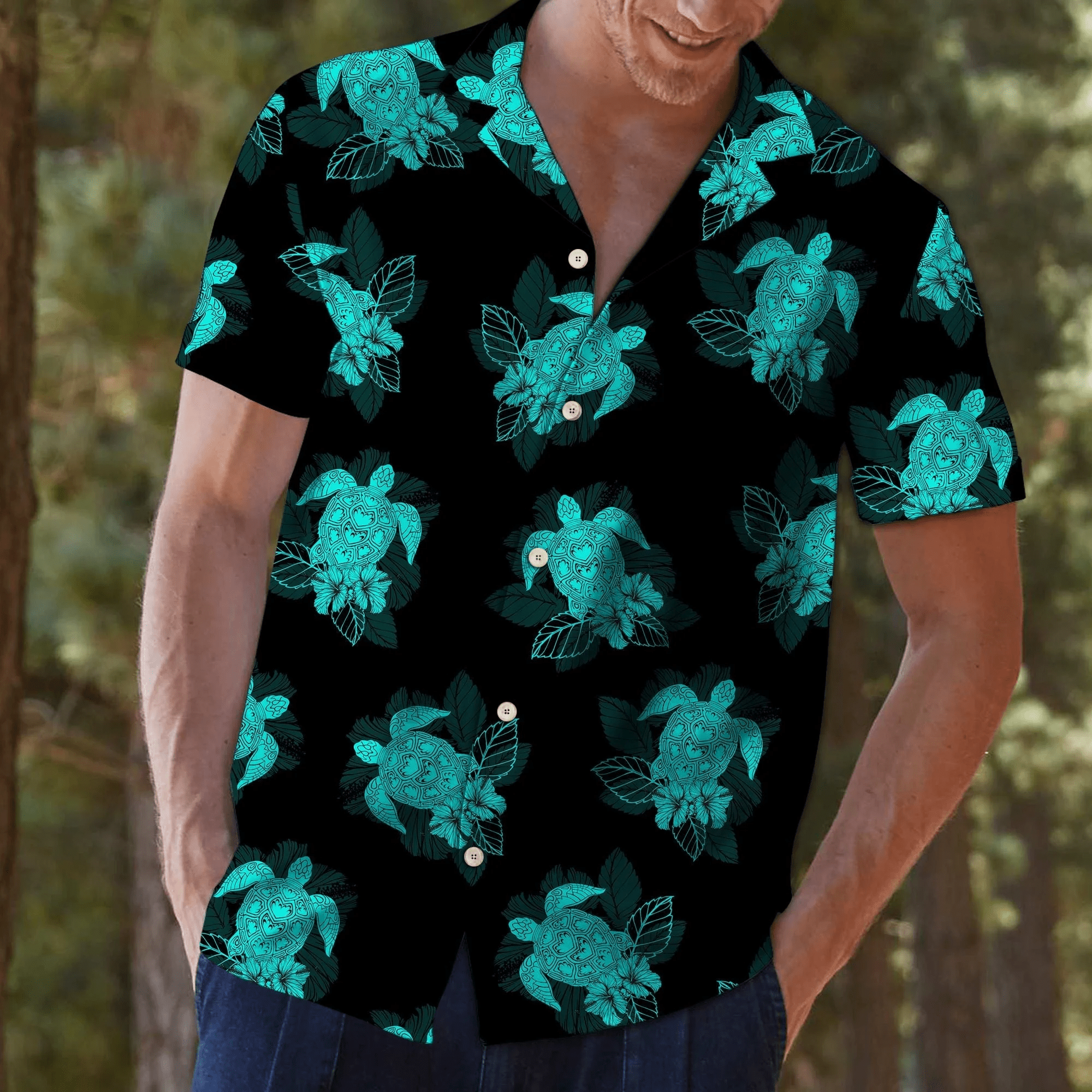 Hawaiian Shirt with a Bright Summer Turtle Theme