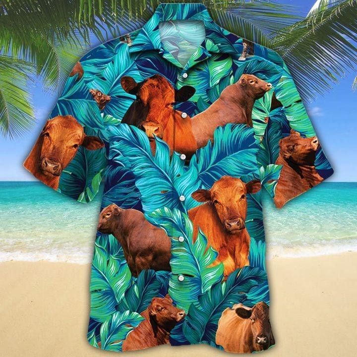 Hawaiian Shirt with a Touch of Green for Red Angus Cow Lovers
