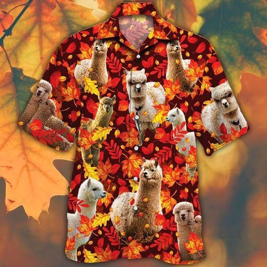 Hawaiian Shirt with Alpaca and Horse Amidst Autumn Red Foliage