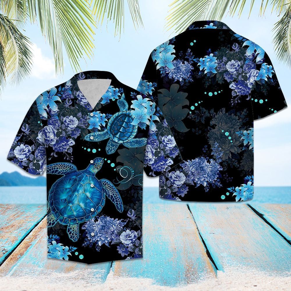 Hawaiian Shirt with Blue Turtle and Flowers Perfect for Summer