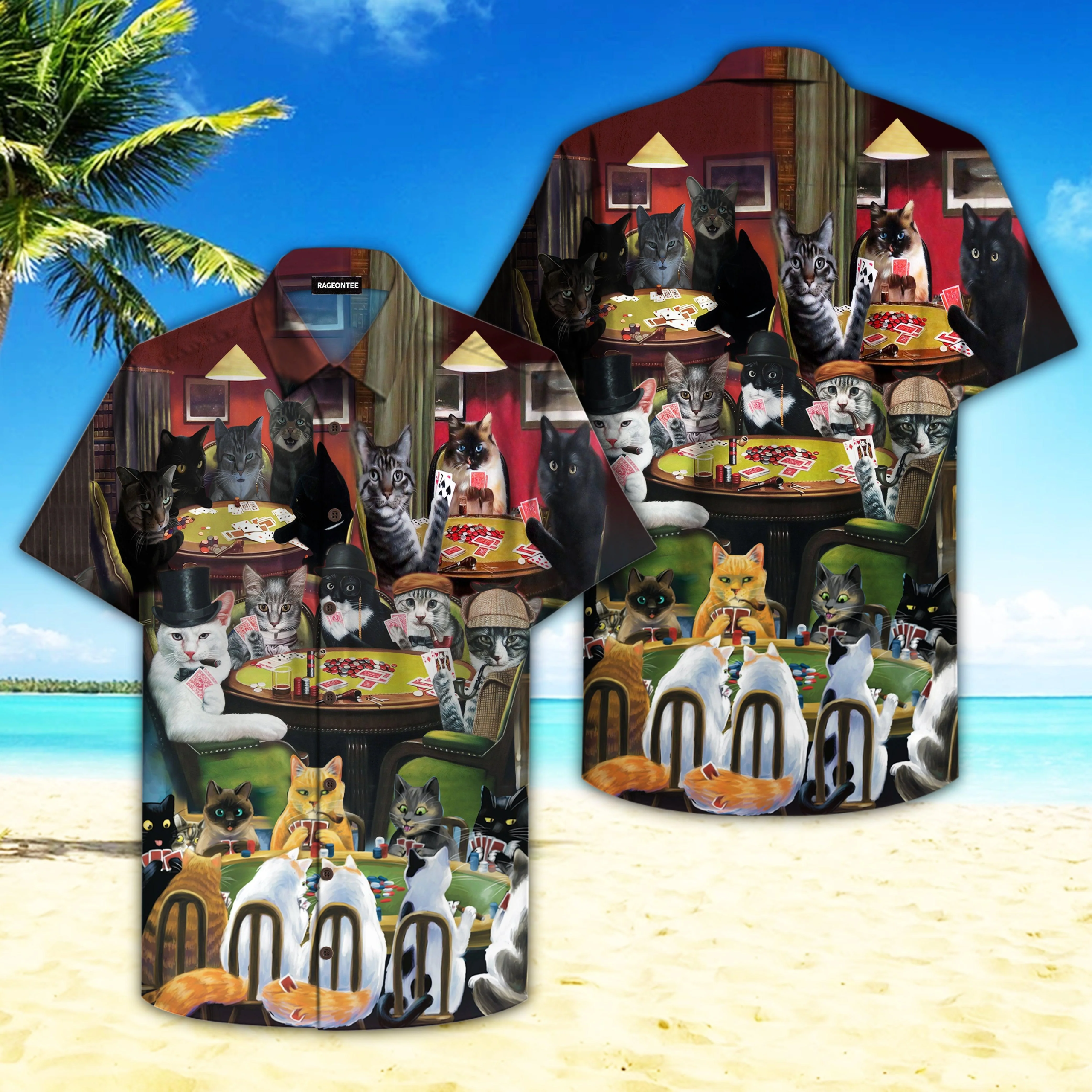 Hawaiian Shirt with Cats Engaged in Poker Game